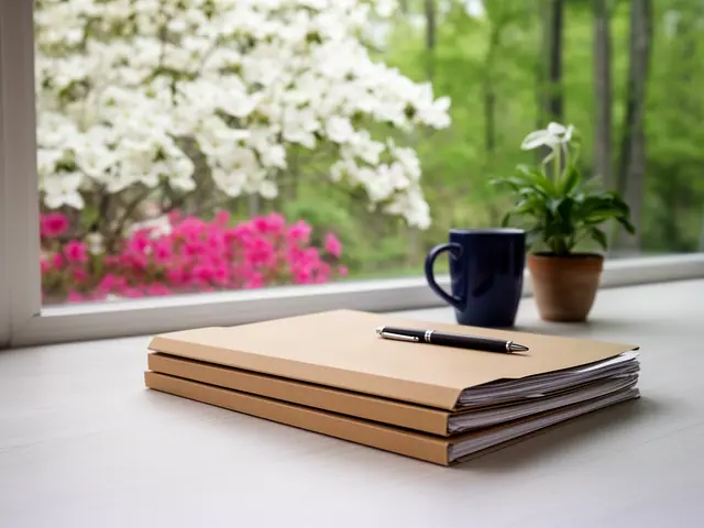 A neat stack of closed manila folders and a pen on a desk by a window.