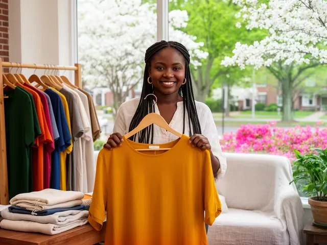 A smiling boutique owner holding up a mustard top beside a rack of clothing.