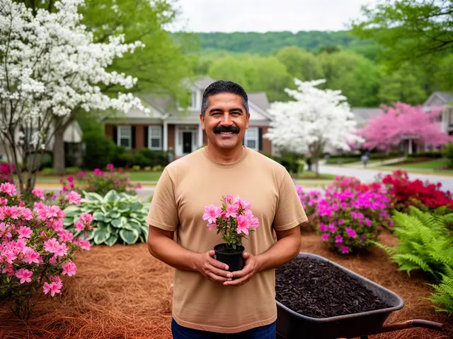 A smiling landscaper holding a pink azalea in a pot beside new beds of blooming shrubs.