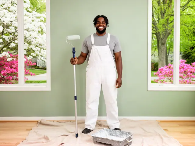 A smiling painter in white overalls holding a roller in a freshly painted sage-green room with azaleas outside.