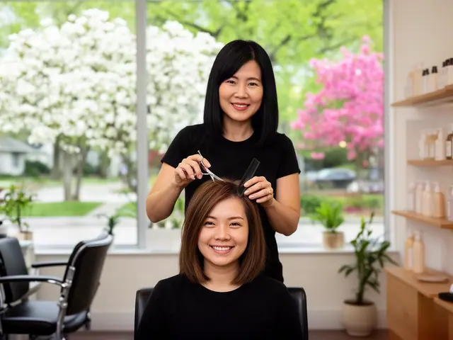 A smiling stylist holding a comb and scissors behind a smiling client in a bright salon.
